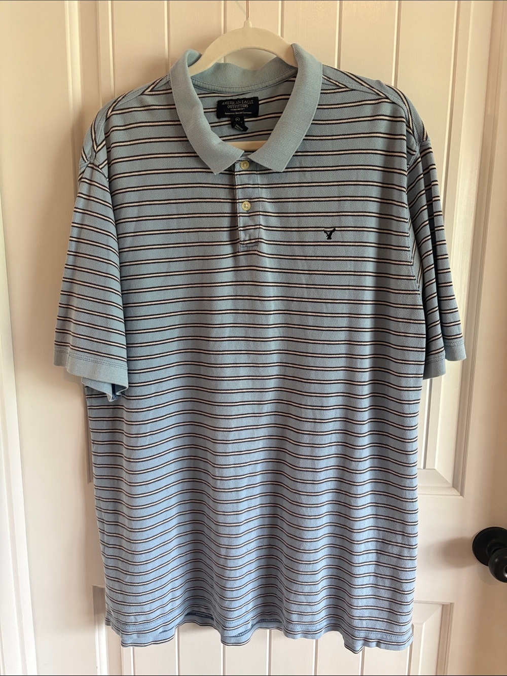 American Eagle Outfitters Light Blue Polo with Navy and White Stripes